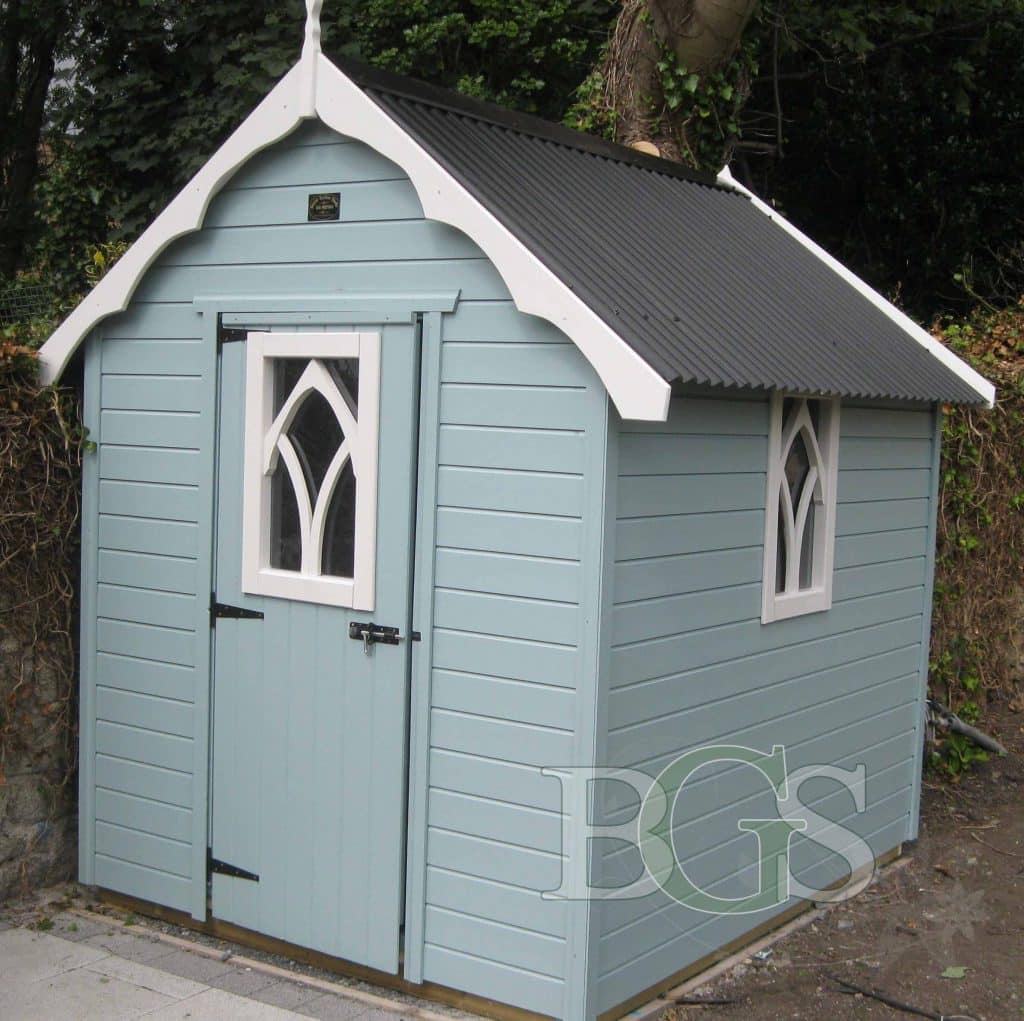 Gothic Style Shed - Painted in Dix Blue and Strong White